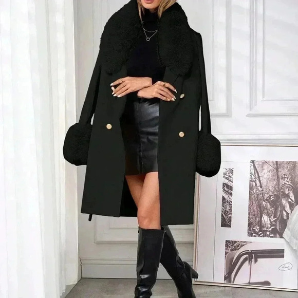Black Elegant Women's Double-Breasted Belted Faux Fur Trimmed Wool Coat - Picture 1 of 7